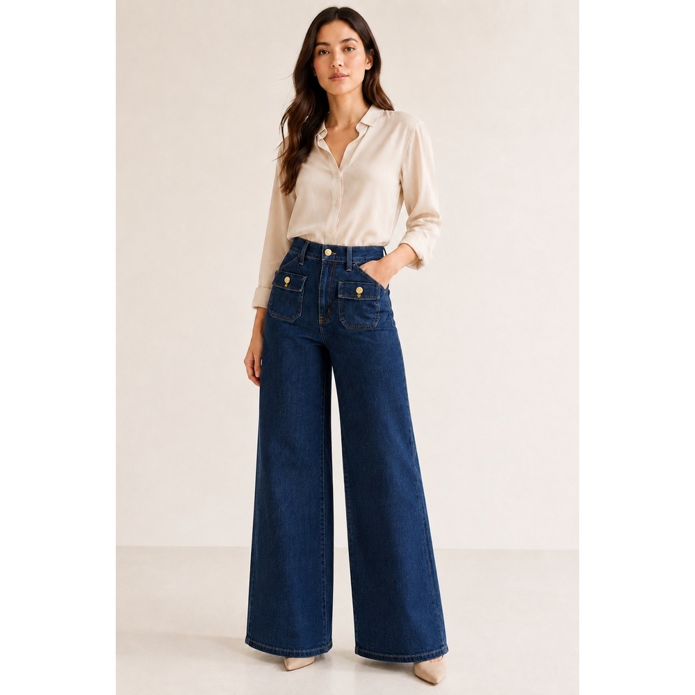 J.Crew Premium Edition Full Length Slim Wide Leg Jeans Dark Wash Gold Button 26